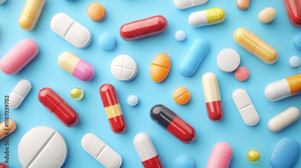 Poster vibrant array of pills and capsules in various shapes, sizes, and colors are scattered across a ligh