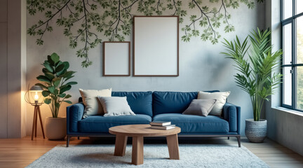 serene living room with blue sofa leafy mural
