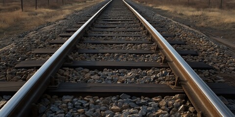 Naklejka premium A captivating view of rustic railway tracks leading into the distance, surrounded by arid landscapes, symbolizing adventure, exploration, and the journey ahead.