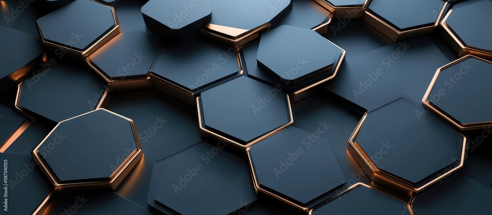 Poster dark blue and bronze hexagonal abstract design with interconnected lines and ample empty copyspace f