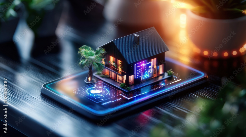 Poster miniature smart home model displayed on smartphone, showcasing futuristic technology and design. scene is illuminated with vibrant colors, creating modern and innovative atmosphere