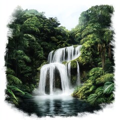 Fototapeta premium A serene waterfall in the middle of a lush jungle, surrounded by rich green foliage, on pure white background.