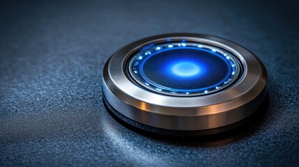 Close-up of a futuristic, illuminated button with a metallic bezel on a dark surface.
