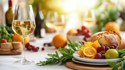 festive harvest celebration featuring glass of white wine, fresh fruits, and bread on beautifully set table. vibrant colors and warm lighting create joyful atmosphere