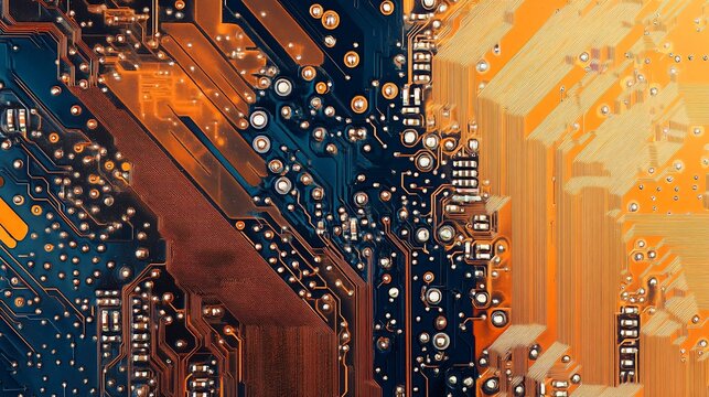 Close-up of a circuit board with intricate pathways and components in warm color tones.