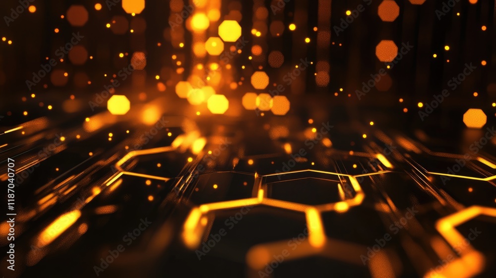 Poster glowing hexagonal neon lights in a dark abstract space tunnel with a shimmering background and dynam