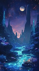 Alien River Valley Under Night Sky With Glowing Plants