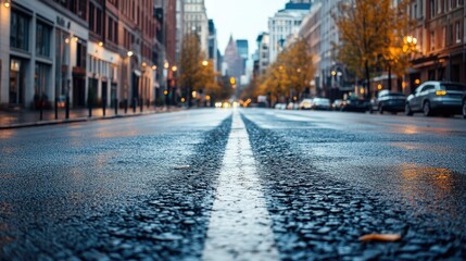 Urban City Street with Wet Asphalt Road and Trees in Background Reflecting Calm Morning Light