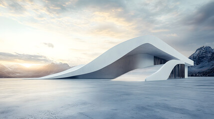 abstract architectural design in 3d rendering showcasing an ancient inspired structure with an expansive empty parking area, concrete flooring, and a stunning backdrop of mountains and open sky.