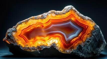 Stunning backlit orange Agate crystal cross section showcasing intricate patterns and vibrant colors on a dark background.