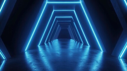 Futuristic Hexagonal Tunnel with Glowing Blue Lights and Reflections in a Dark Environment