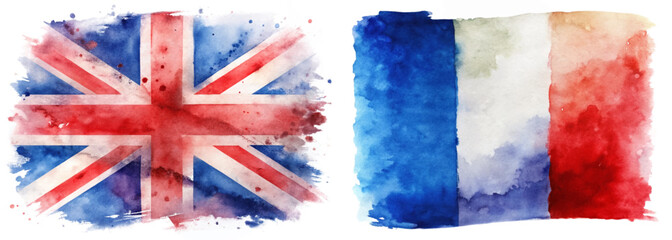 Watercolor flags, British flag, French flag, artistic representation, vibrant colors, cultural symbols, patriotic artwork.