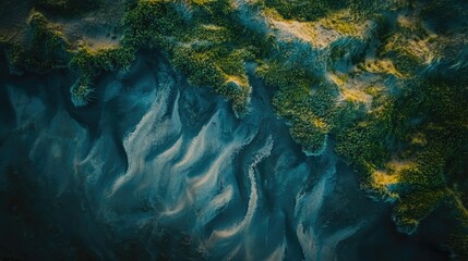 Aerial view of vibrant sand dunes with intricate patterns and lush vegetation in a serene desert landscape