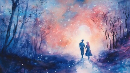 Romantic evening stroll enchanted forest digital art dreamy landscape silhouette view love and connection