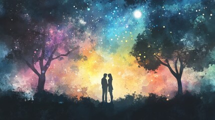 Fototapeta premium Romantic couple silhouette enchanted forest digital art starry night close-up view love and connection