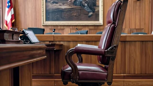 Elegant leather chair in an empty courtroom, suggesting deliberation or anticipation.