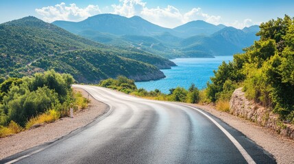 Naklejka premium Scenic summer road winding through hills by the tranquil sea under a blue sky with fluffy clouds