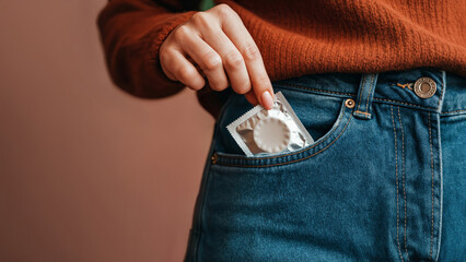 Hand putting condom in jeans pocket banner concept for safe sex awareness with copy space