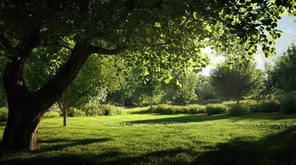 Lush green garden with sunlit trees and vibrant foliage creating a serene natural landscape for peaceful outdoor experiences