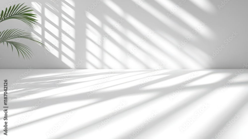 Poster sunlight is streaming through window and creating shadows on white wall in empty room with white flo