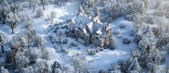 Aerial view of a large house surrounded by a snowy forest landscape with empty space for text or branding elements