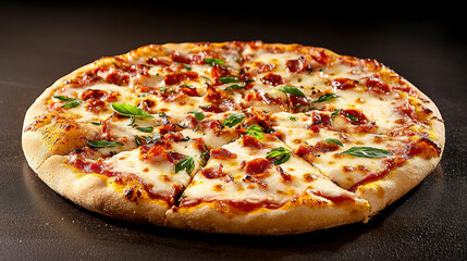 fresh pizza with melted cheese, savory toppings, and fresh basil leaves, perfect for sharing and enjoying with friends