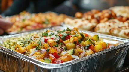 Fresh and colorful vegetarian takeaway meals in aluminum containers showcasing healthy options for convenient delivery and dining experiences