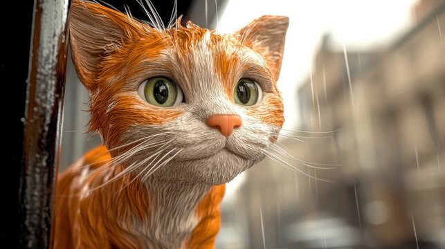 A fluffy, inquisitive cat is quietly observing the rainy, blurred cityscape from a shelter, embodying tranquility and the art of solitude.