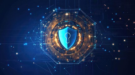 Cybersecurity Innovation with Geometric Shapes and Digital Network Technology in Abstract Background