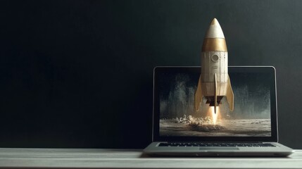 A digitally created image showing a rocket launching from a laptop screen, symbolizing innovation and technological advancement. The background is dark, enhancing the visual impact.