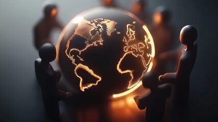 Corporate professionals examining illuminated world map hologram, representing global connectivity, data analytics, and multinational teamwork social network