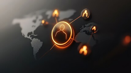 Orange light illuminates web interconnected user icons on a dark world map, symbolizing global communication and networking Global social network people connection concept