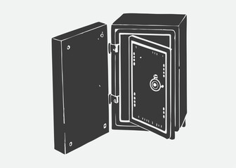 Retro safe with open door sketch hand drawn engraving style vector cartoon illustration isolated on white background