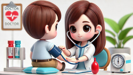 Doctor examines child patient in colorful clinic cartoon style friendly environment