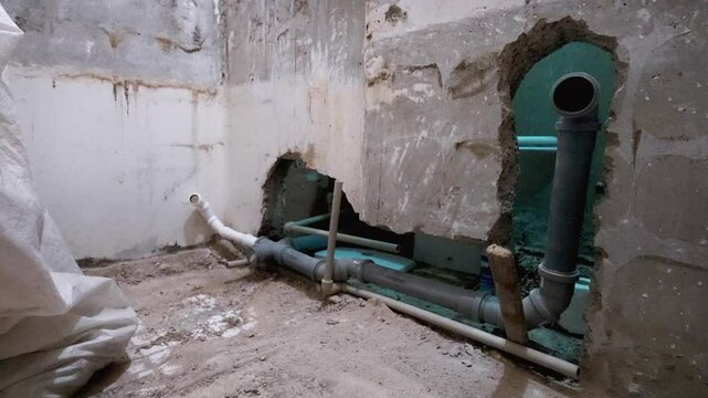 Plumber installed engineering modern plumbing system in bathroom during renovation work. Process involves replacing old pipes and ensuring proper connections are made for efficient water flow