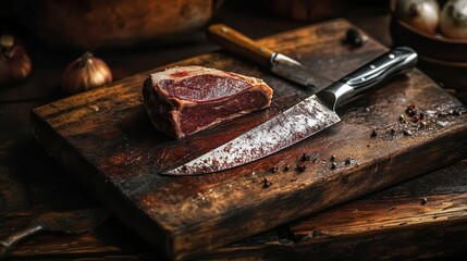 Raw beef steak, rustic wooden cutting board, sharp kitchen knife, peppercorns, herbs, moody lighting, dark background, food photography, overhead view, culinary scene, textured surface, organic ingred