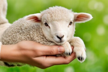 Naklejka premium Gentle Shepherd Tenderly Holding Newborn Lamb Against Natural Background