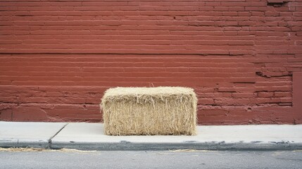 Bale of hay placed on curbside against rustic red brick wall in urban environment showcasing rural elements in city settings
