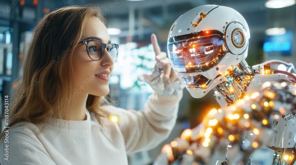Fototapete woman interacts with futuristic ai assistant robot, showcasing advanced technology and innovation. s