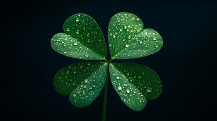 Dew Covered Four Leaf Clover Isolated On Black