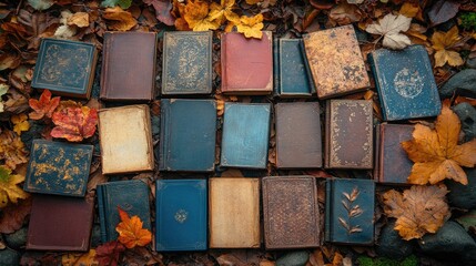 Antique books on autumn leaves, ideal for education or literature projects.