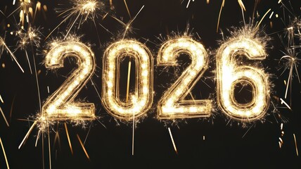 Bright 2026 numbers made of sparklers light up the night sky, celebrating the arrival of the new year with a festive firework display