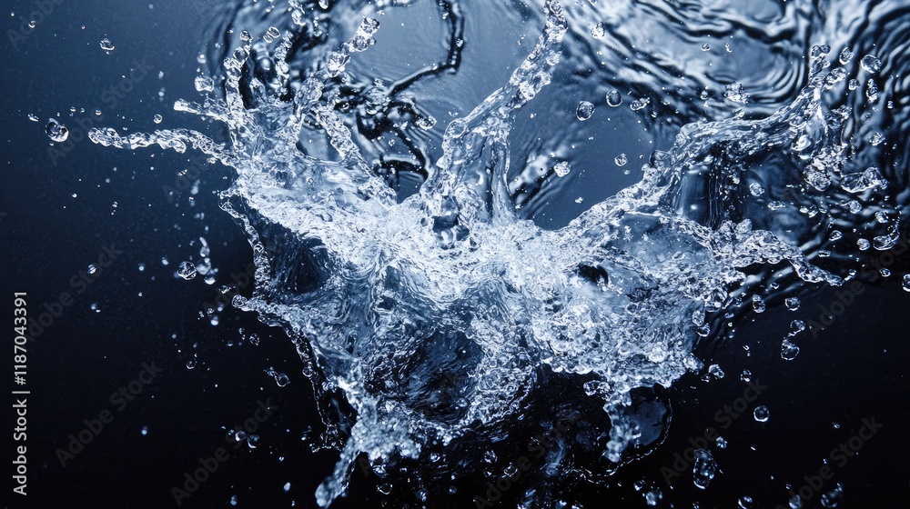 Poster aerial view of water splash creating dynamic patterns on black background with space for text or des