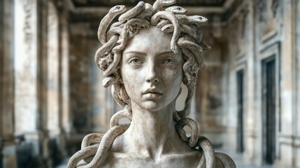 A stone statue of Medusa features intricately carved serpents in her hair, capturing an aura of ancient mythology and enigmatic beauty in a classical architecture setting.