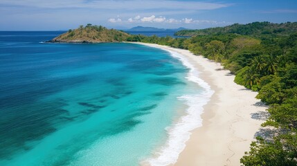 Aerial view of pristine white sandy beach with turquoise ocean on tropical island under clear blue sky ideal for vacation or travel themes