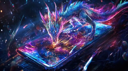 Vibrant cosmic dragon interacting with a futuristic phone showcasing digital art and abstract celestial elements