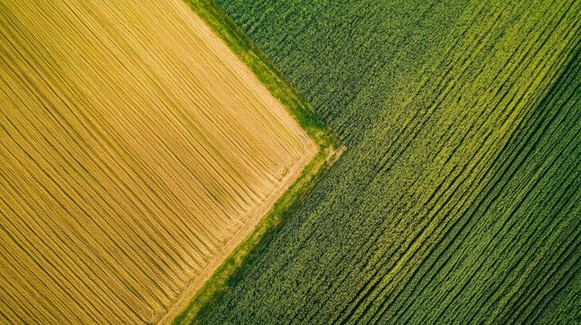 Aerial view of vibrant wheat farming fields showcasing rich textures with ample space for text integration and promotional use