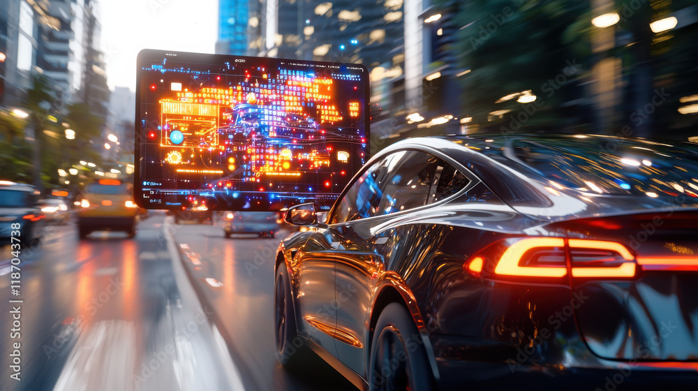 Poster futuristic ai driven car navigating busy city street with digital displays. scene captures essence o
