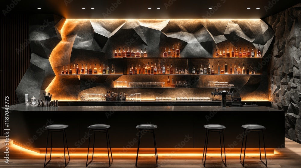 Aufkleber A contemporary bar showcases a sleek design with an illuminated back wall highlighting various bottles of whiskey and cocktails. Stylish stools line the counter, creating an inviting atmosphere.