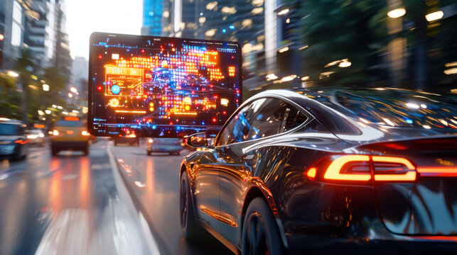 futuristic AI driven car navigating busy city street with digital displays. scene captures essence of modern technology and urban life, showcasing innovation and speed